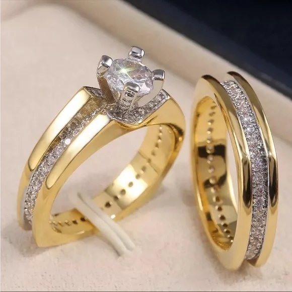 New Yellow Gold Plated Round Diamond 2Pcs Set Engagement Party Rings - Picture 5 of 5